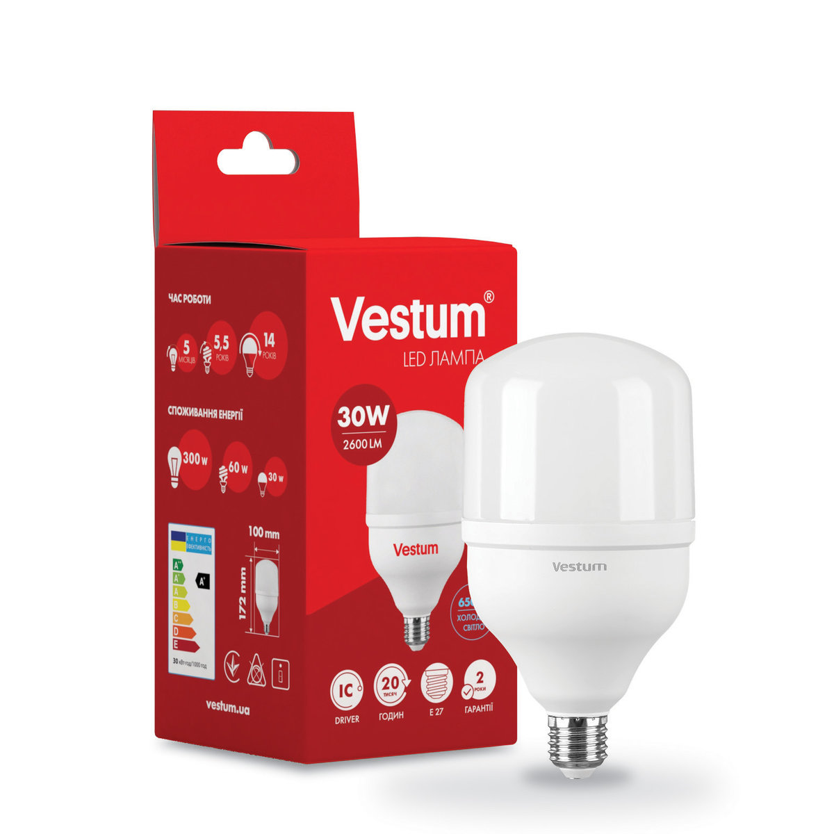 

Лампа LED Vestum T100 30W 6500K 220V E27 (1-VS-1602)