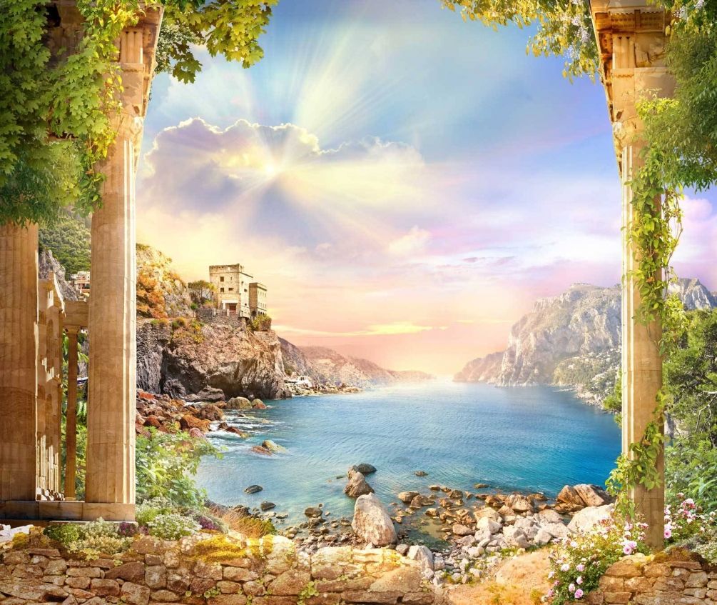 фреска пейзажи. фрески апплико живопись сад. фреска пейзажи. фрески апплико горы с лестницей. фрески affresco средиземноморье.