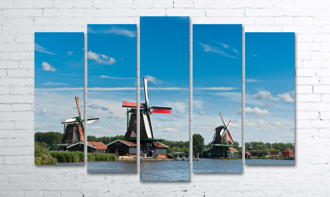 

Модульная картина на холсте 5 в 1 Мельница около озера 100х150 см