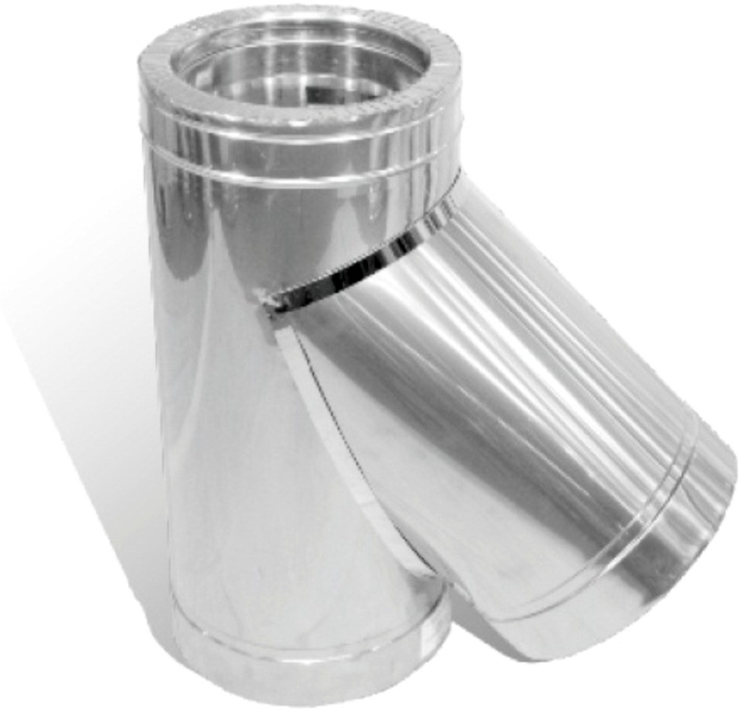 

Тройник дымохода двустенный нерж/нерж Версия Люкс 45° D-150/220 толщина 0,5 мм