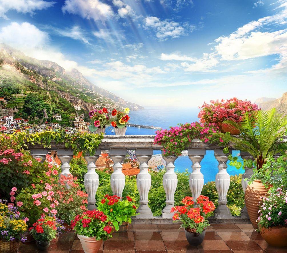 балкон цветы море