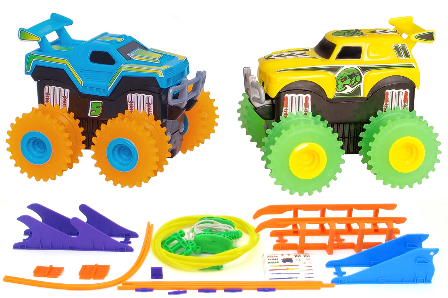 

Машинки на батарейках Trix Trux набір 2 машинки з трасою (синій + жовтий)