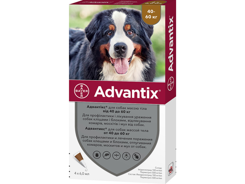 

Капли на холку от блох и клещей Bayer Advantix для собак весом от 40 до 60 кг 4 х 6 мл