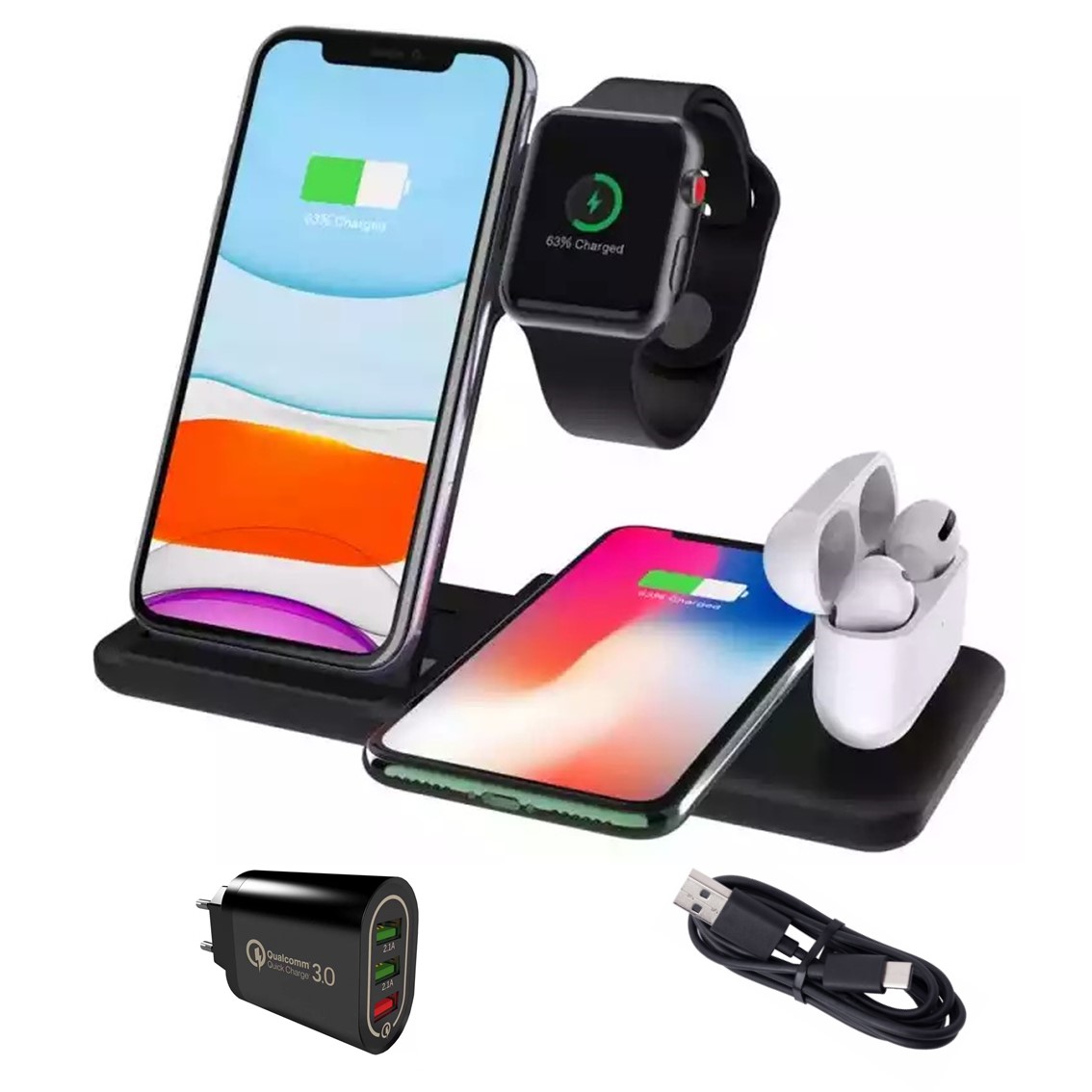 

Беспроводное зарядное устройство Док станция iCharger Q20 4 в 1 черный + блок на 3USB