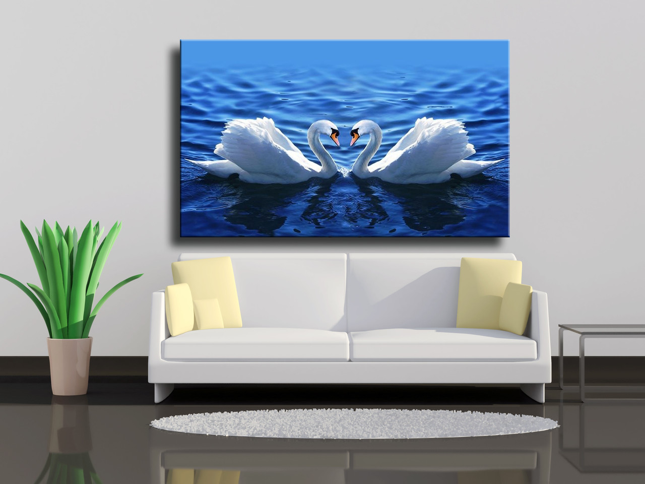 

Картина на холсте Beautiful two swans in the blue lake 100х60