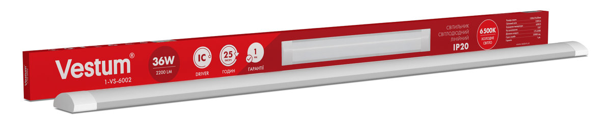 

Светильник линейный LED Vestum 1,2м 36W 6500K 220V IP20 (158930)