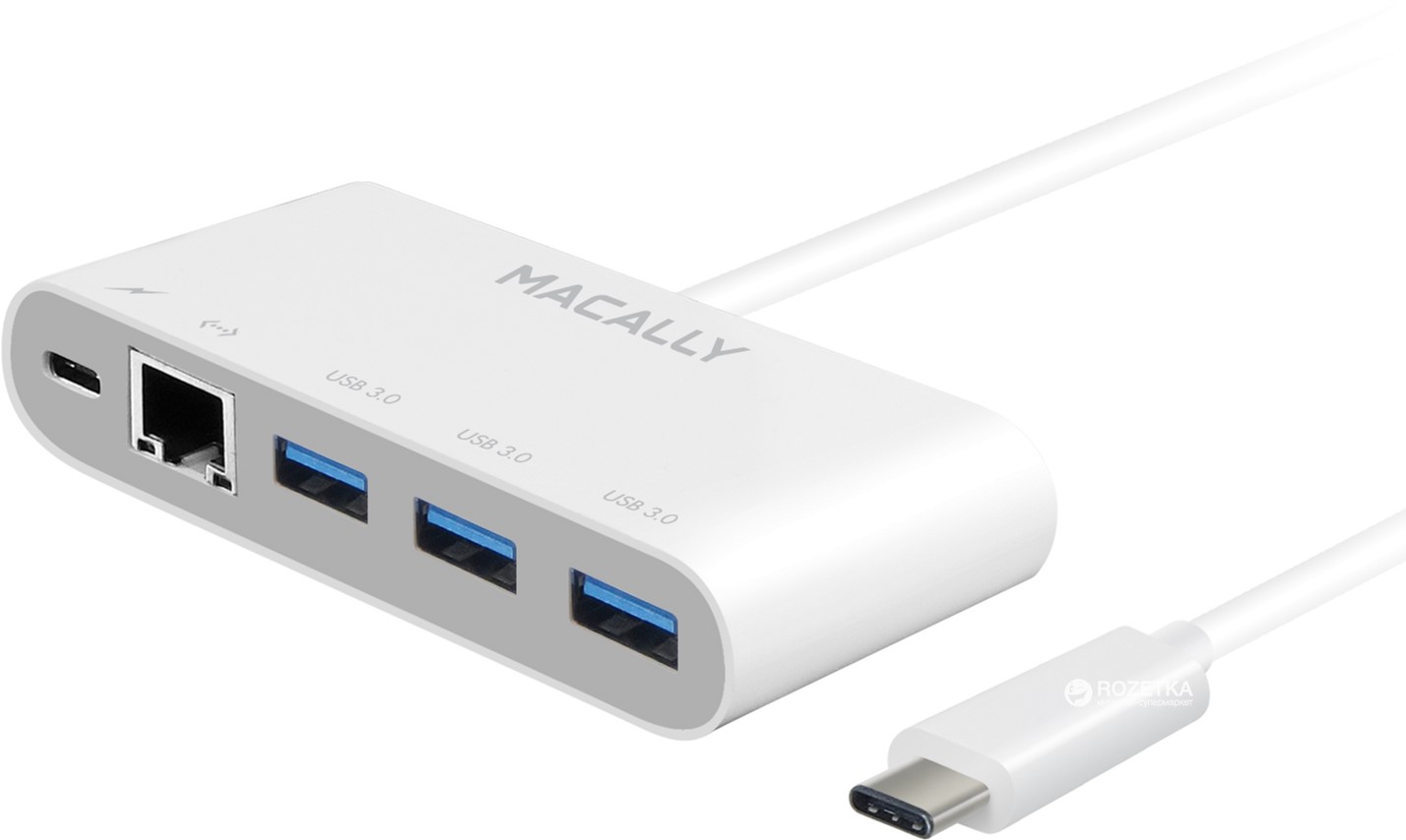 

Адаптер Macally USB-C to Ethernet c тремя 3.1/3.0 USB и зарядным USB-C портами White