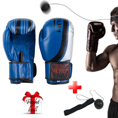 

Боксерские перчатки Venum, DX-55, 12oz, синий-серебро. + тренажер для бокса Fight ball (файт бол) в подарок