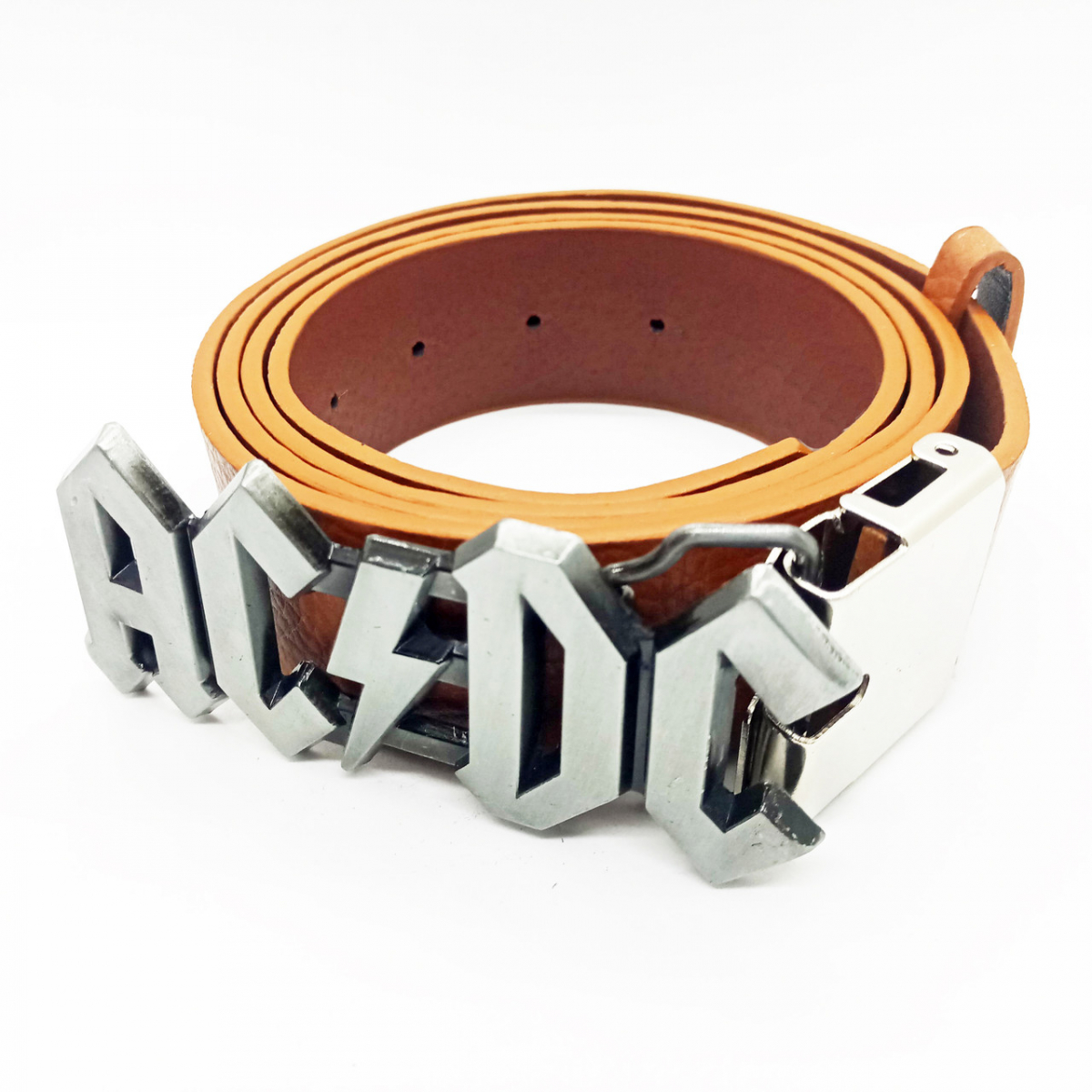 

Поясной ремень кожзам с пряжкой "AC DC" Коричневый