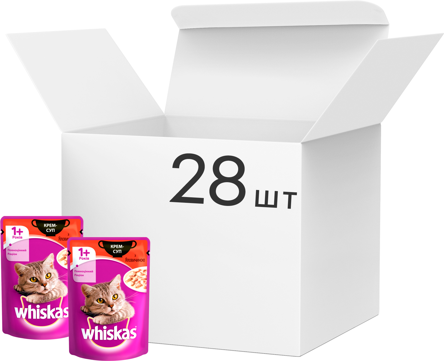 

Упаковка влажного корма для котов Whiskas крем-суп с говядиной 28 шт по 85 г
