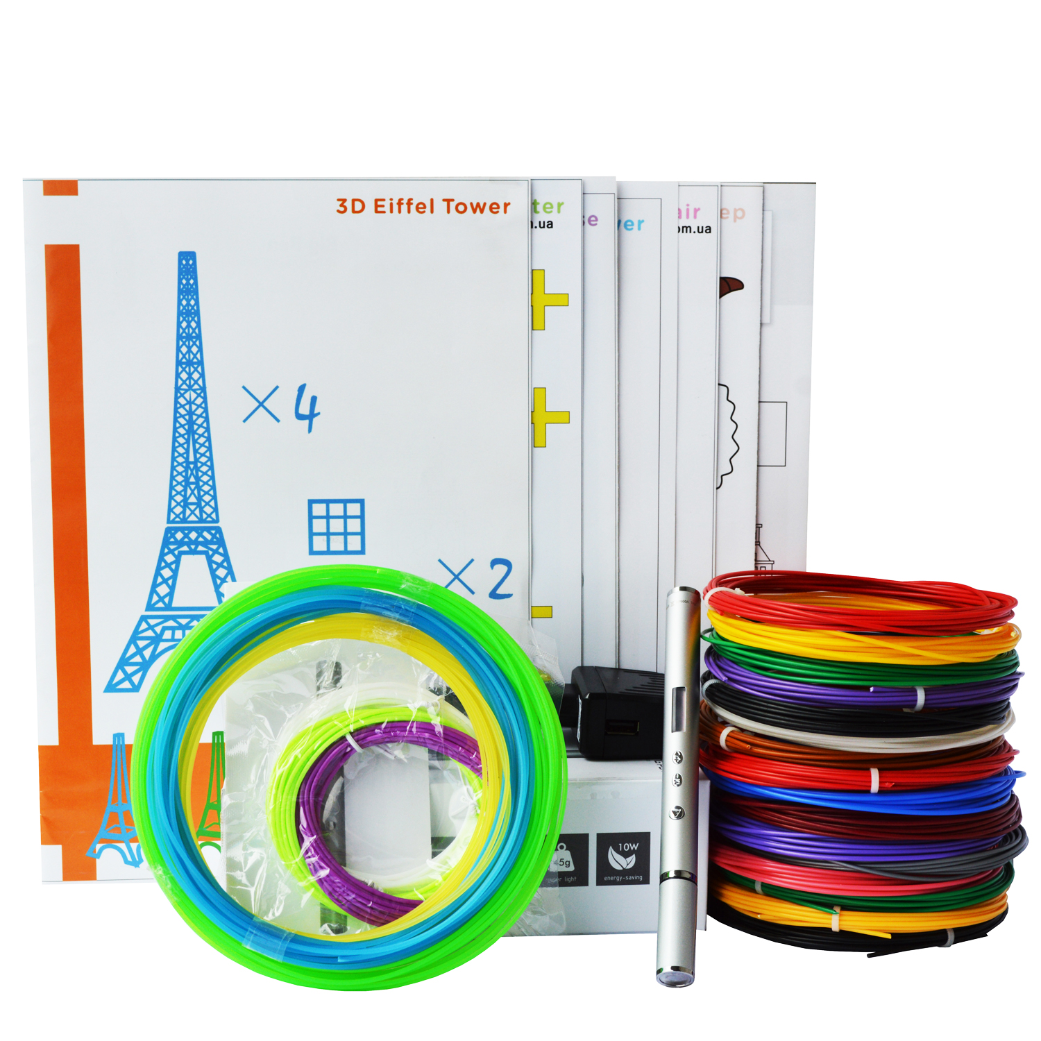 

3D-ручка Air Pen Ultra RP-900A Silver с Набором ABS Пластика 240 метров (16 цветов), Светящийся PLA пластик 10 метров и Набор трафаретов