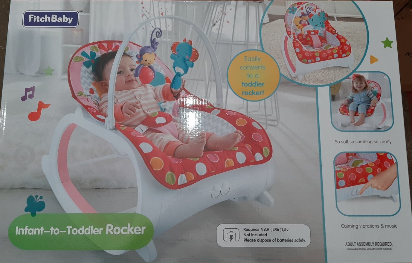 

Детский шезлонг-качалка 2 в 1 FitchBaby 88927 (0-18 кг), вибрация и мелодия