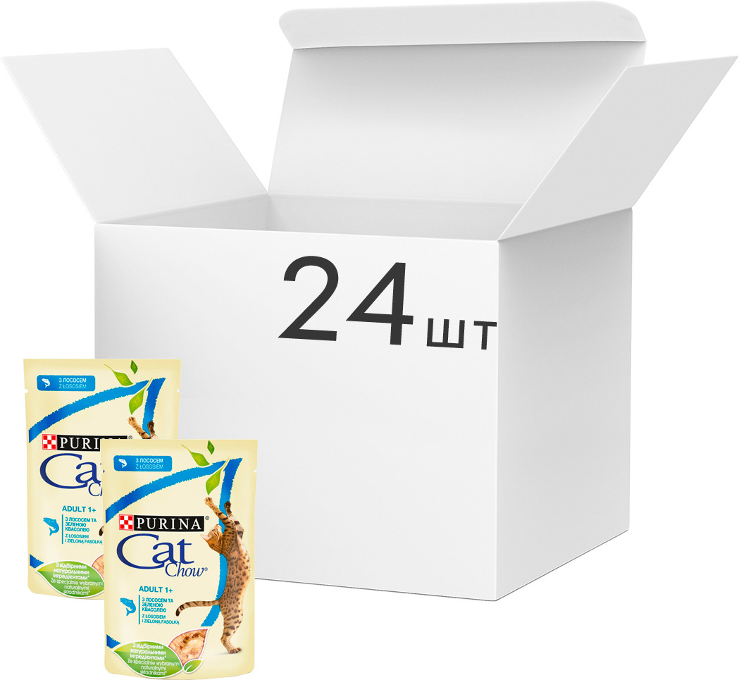 

Упаковка влажного корма для кошек Purina Cat Chow Adult с лососем и зеленой фасолью 24 шт по 85 г (7613036595070)