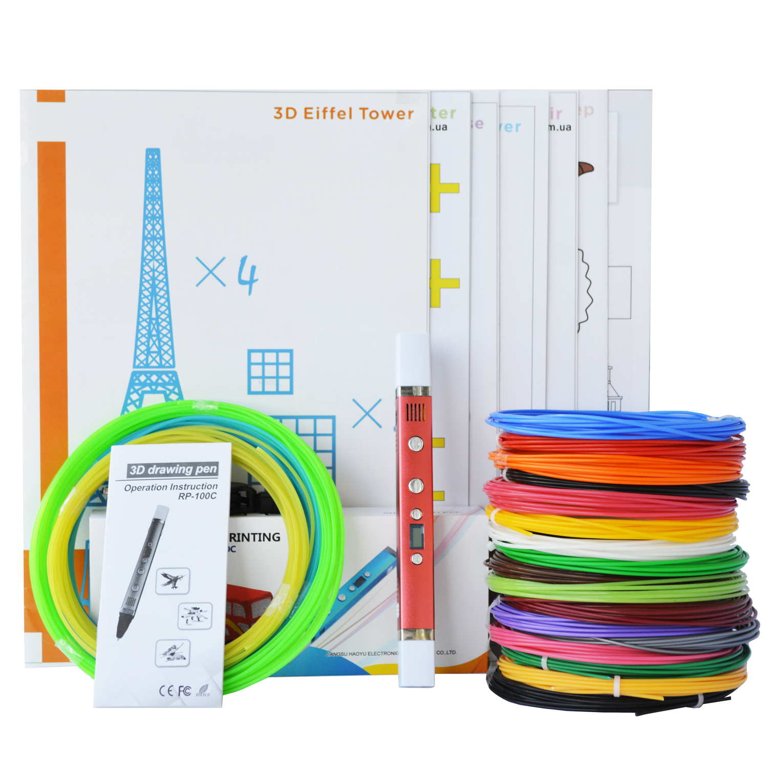 

3D-ручка MyRiwell RP-100C Red с Набором ABS Пластика 240 метров (16 цветов), Светящийся PLA пластик 10 метров и Набор трафаретов