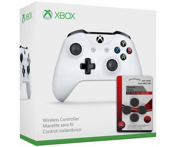 

Microsoft Xbox One S Wireless Controller with Bluetooth (White) + Thumb Grips (накладки на стики, 4 шт.)