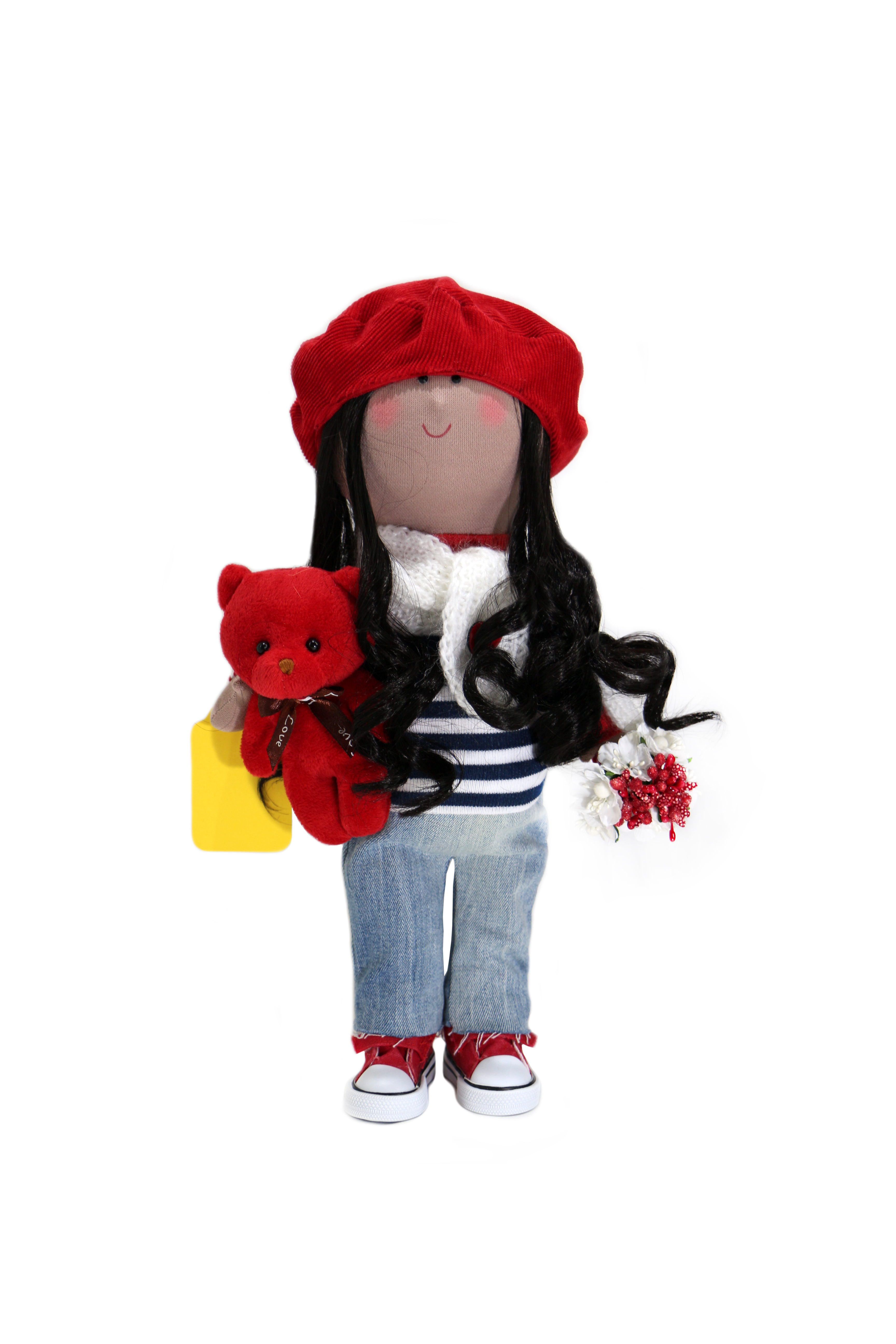 

Текстильная кукла ручной работы Парижанка с мишкой и букетом цветов Textile dolls красный-разноцветный PL-110012