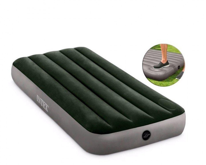 

Надувной матрас Intex 64761 Pillow Rest Classic одноместный со встроенным ножным насосом (99х191х25) зеленый