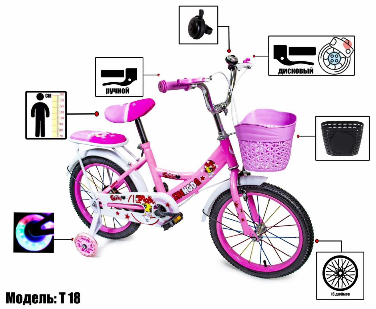 

Велосипед 16 "SHENGDA" Pastel Pink T18, Ручной и Дисковый Тормоз