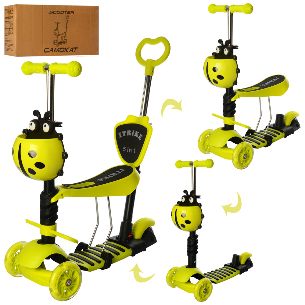 

Самокат-беговел 5в1 Божья коровка iTrike JR 3-026-GR, складной, родительская ручка, светящиеся колеса