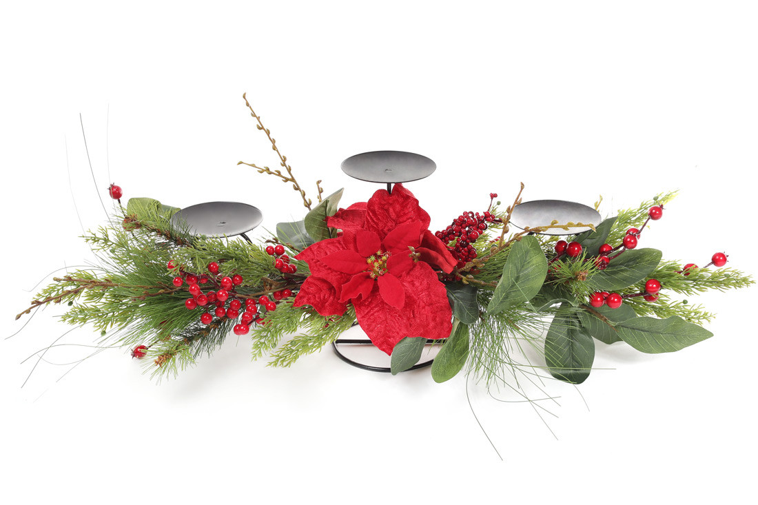 

Новогодний подсвечник на три свечи с декором из хвои, цветов и красных ягод, 71см (758344)