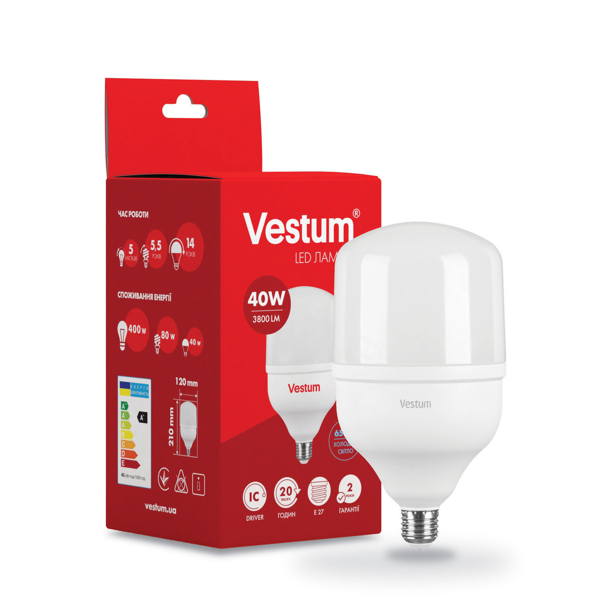 

Светодиодная высокомощная лампа Vestum T120 40W 6500K 220V E27 1-VS-1603