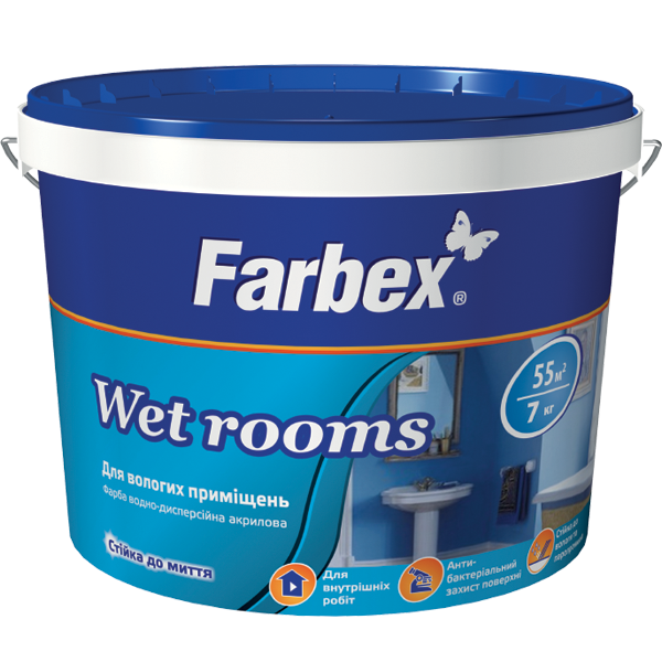 

Фарба для вологих приміщень водно- дисперсійна акрилова «Wet Rooms» Farbex - 7 кг, білий матовий