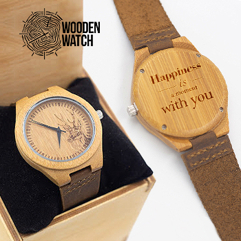 

Деревянные наручные часы ручной работы WoodenWatch Nature с индивидуальной гравировкой "Happiness is a moments with you" Коричневый