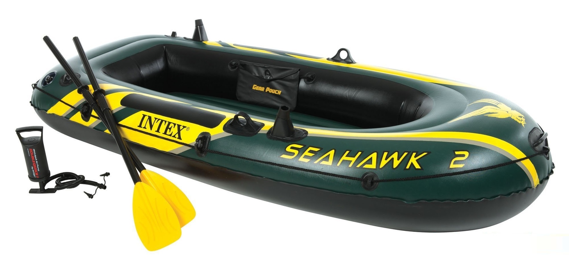 

Двухместная надувная гребная лодка пвх (236*114*41) Intex 68347 Seahawk 2 Set 240 кг с веслами и насосом держателями для удочек