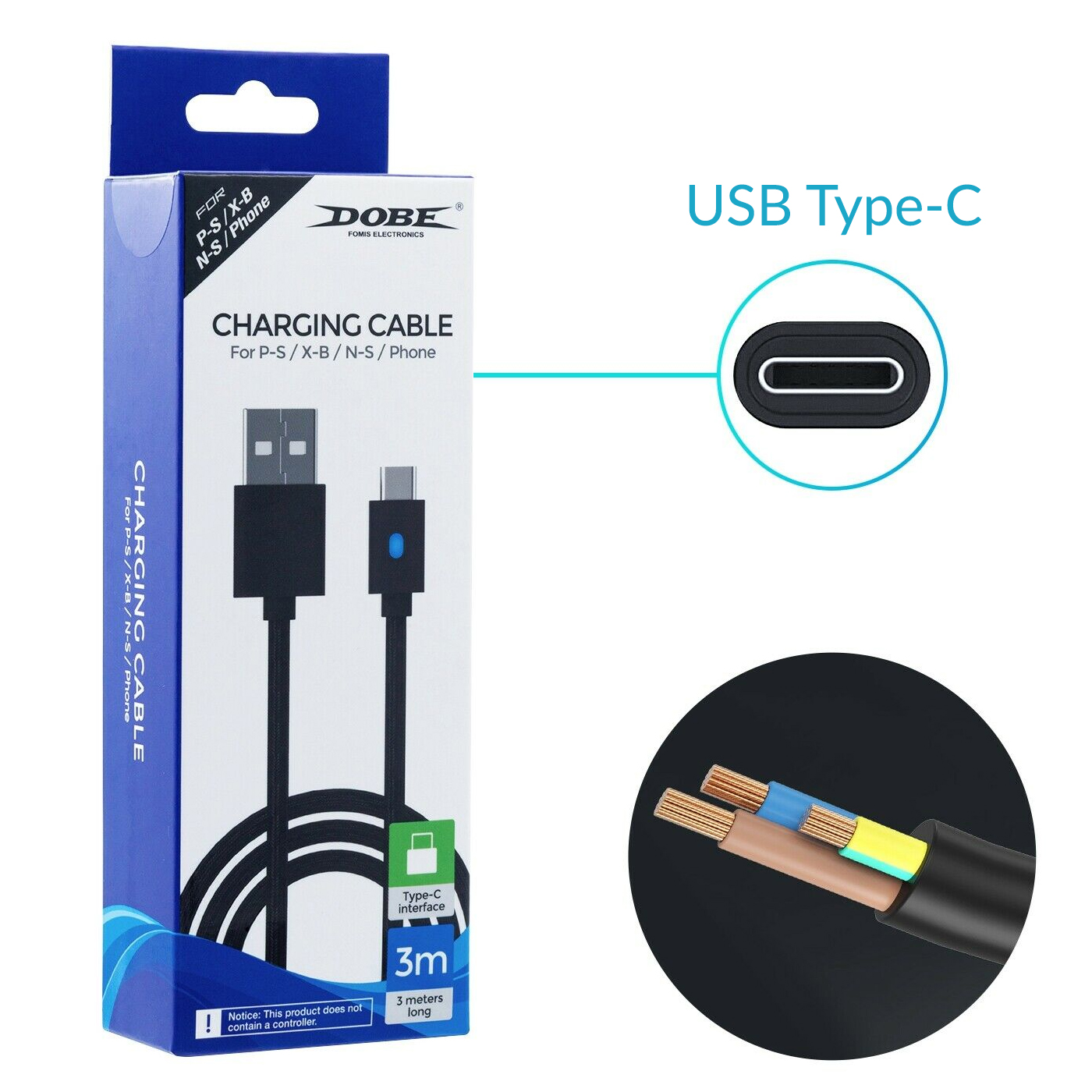 Зарядный кабель DOBE 3м USB / USB Type-C для геймпада DualSense Sony  PlayStation PS5 / PS5 Digital Edition / Microsoft Xbox Series S,X /  Nintendo Switch с LED подсветкой статуса зарядки –