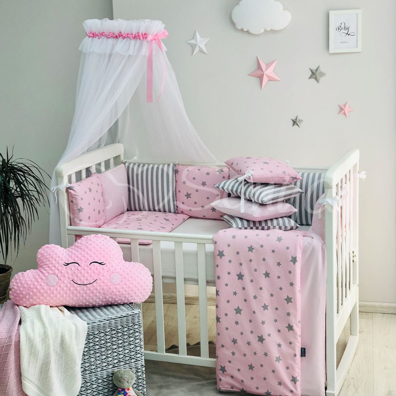 

Комплект в кроватку Маленькая соня Baby Stars поплин стандарт/овал с бортиками 7 предметов детский розовый со звездами арт.0120443