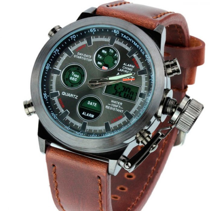 

Мужские армейские часы AMST с коричневым ремешком из кожи PU
