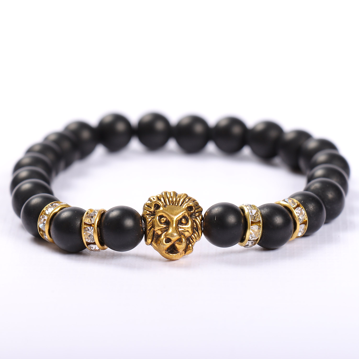 

Тибетский браслет из бусин Vishnya "Лев с камнями Matte Black с золотистыми вставками"