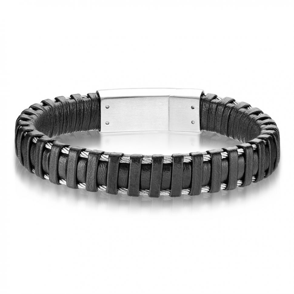 

Мужской кожаный браслет со Медицинская стальной вставкой Spikes SLQ-1015S черный (Длина 21,6 см)