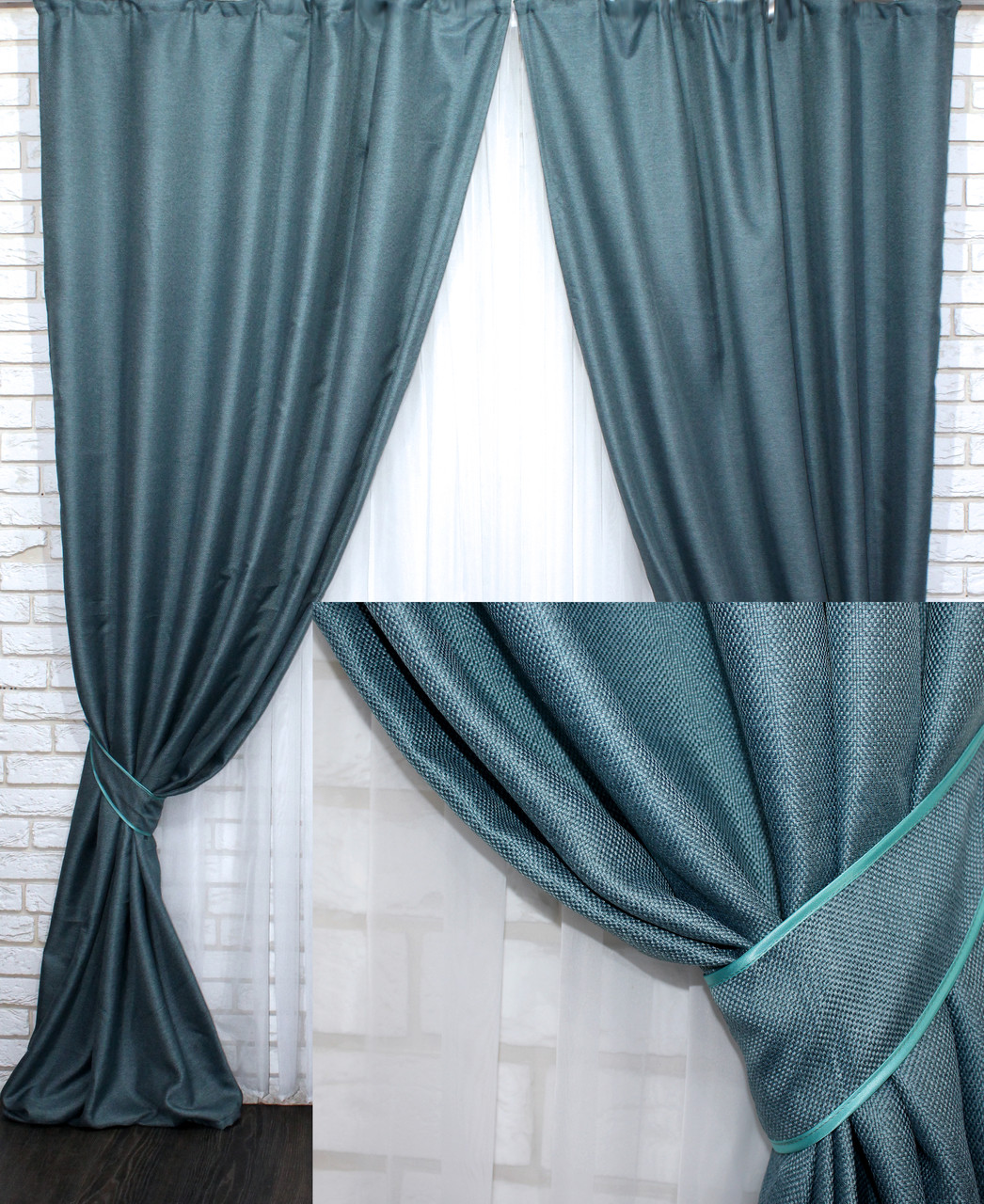 

Комплект светонепроницаемых штор блэкаут "Лён Мешковина" бирюзовый 2шт. 1.5х2.7м.