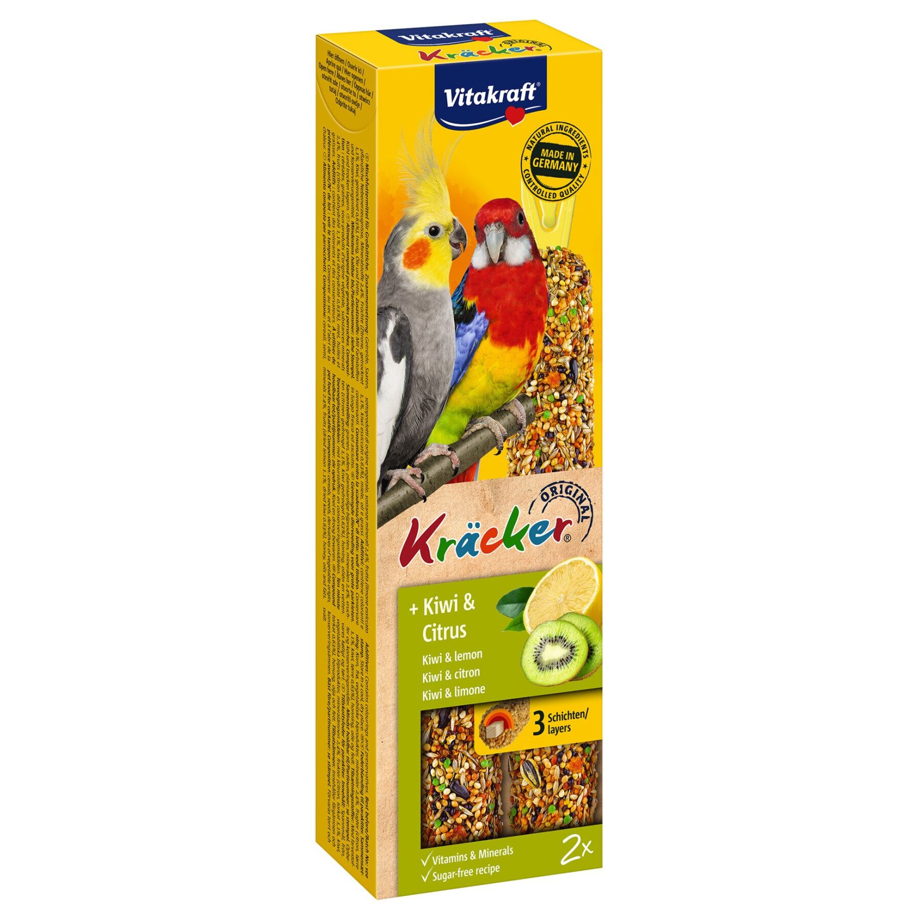 

Повседневные лакомства для средних попугаев Vitakraft «Kracker Original + Kiwi & Citrus» 180 г / 2 шт. (киви и лимон)