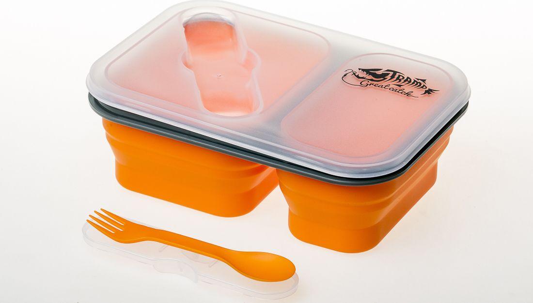 

Складной силиконовый контейнер для едына 2 отсека Tramp (900ml) с ловилкой orange