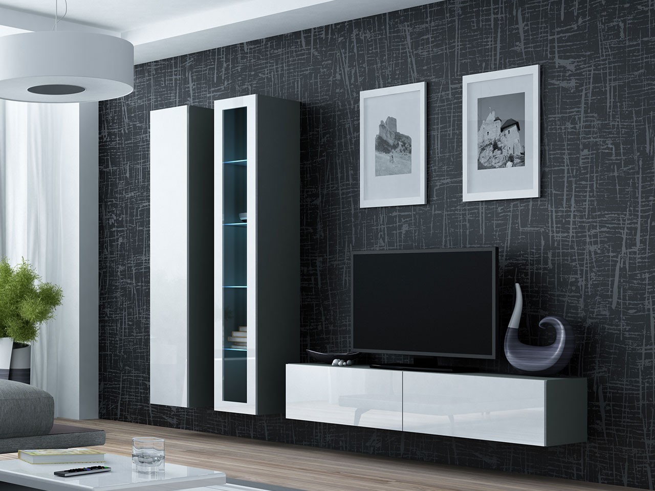 

Гостиная стенка комплект из ламинированной ДСП и стекла Vigo 10 Серый/Белый Сama Польша без подсветки