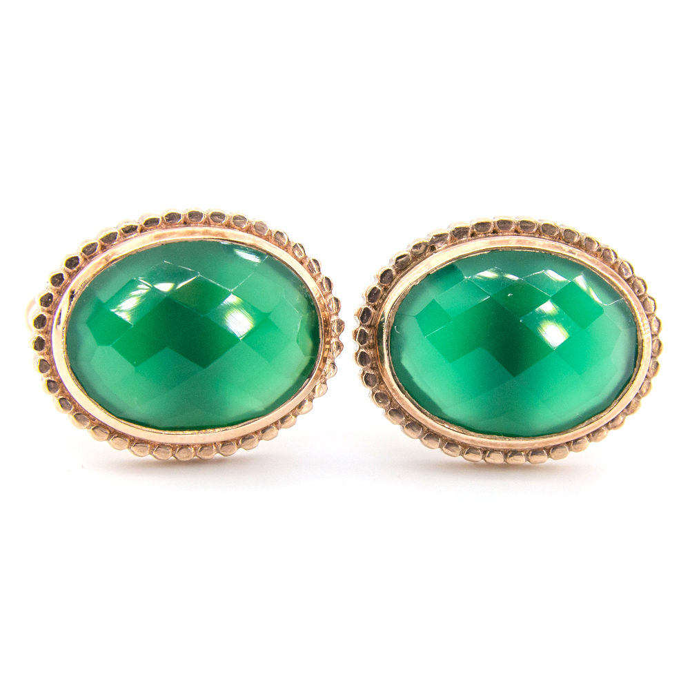 

Серебряные запонки 925 пробы в позолоте 750 пробы 12,72 гр. с Ботсванская зелеными агатами 13,62 карат #202219.