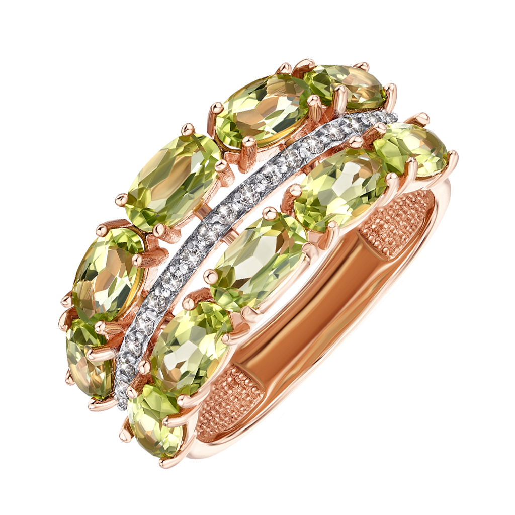 

Кольцо в красном золоте с хризолитами и фианитами 000122545 18 размера