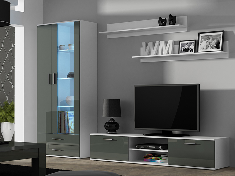 

Гостиная стенка комплект из ламинированной ДСП и стекла Soho 8 Белый/Серый Сama Польша без подсветки