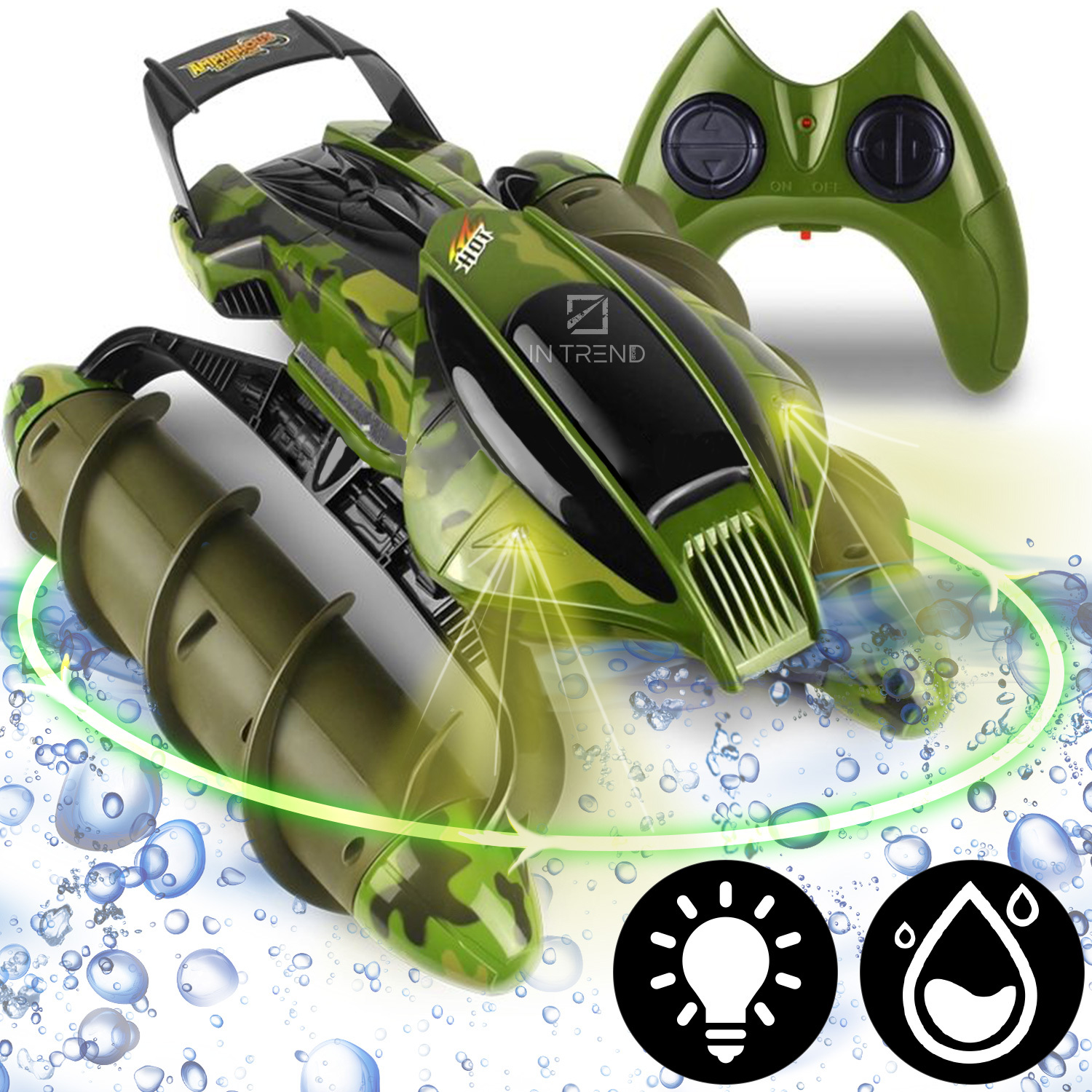 

Игрушечная машина Амфибия-Вездеход на пульте Amphibious Stunt Car 989-393A для дрифта трюковая на радиоуправлении Зеленая