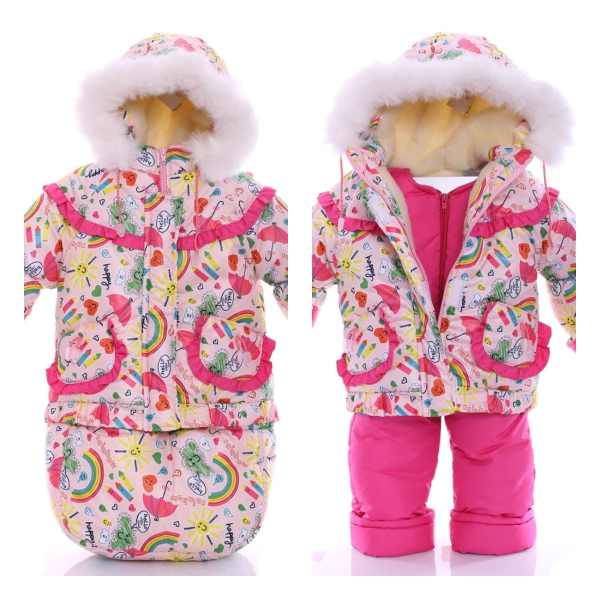 

Детский костюм-тройка (конверт+курточка+полукомбинезон) Kroha зимний от 0 до 3-х лет Рост 98 Розовая радуга