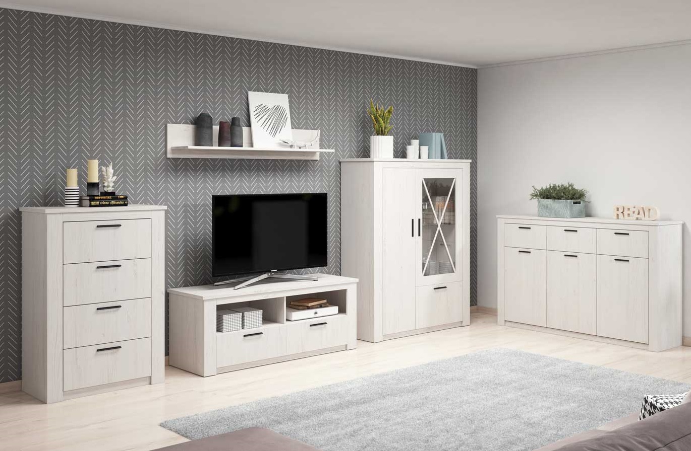 

Гостиная стенка комплект из ламинированной ДСП и стекла Finn 3 Сосна Андерсен белая Сama Польша без подсветки