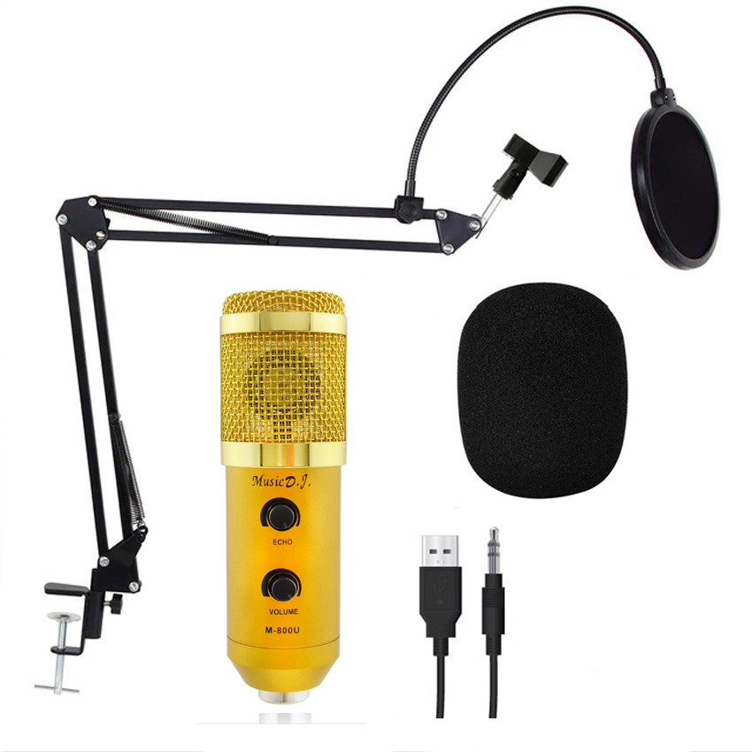 

Студийный микрофон Music D.J. M800U со стойкой и ветрозащитой Gold