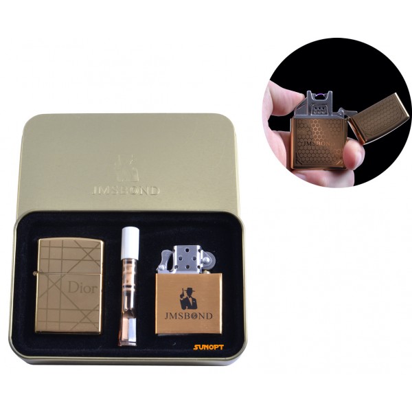

Электроимпульсная (USB) + бензиновая зажигалки в подарочной коробке + мундштук "Dior" №4774-4