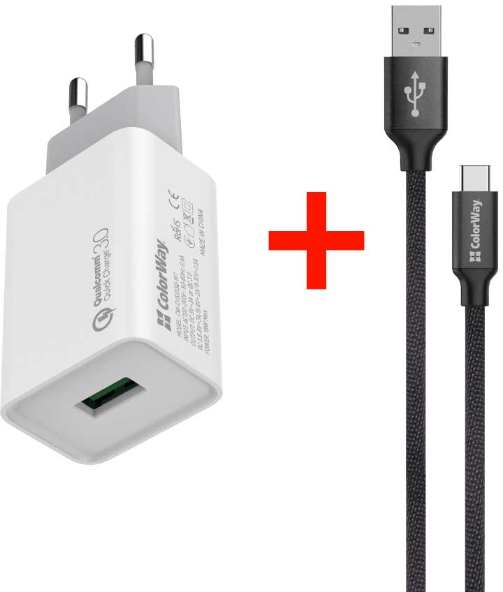 

Сетевое зарядное устройство ColorWay 1USB Quick Charge 3.0 (18W) White + Кабель ColorWay USB Type-C 2.1А 1 м Black (CW-CHS013Q-WT-CBU)