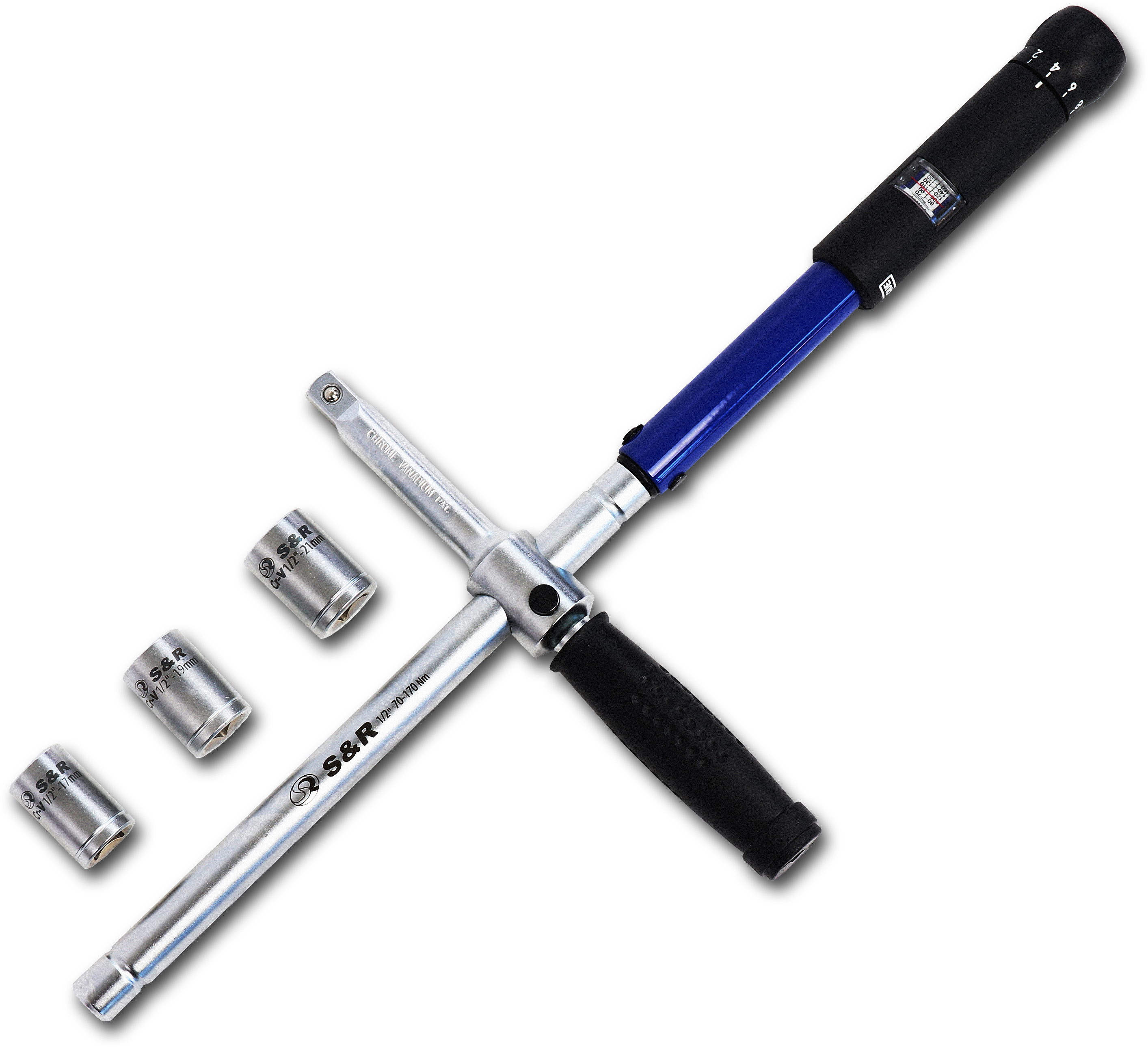 

Ключ динамометричний S&R 1/2" 70-170 Нм 490 мм + головки 17, 19, 21 мм, 230 мм ручка з квадратом 1/2", хрещатий
