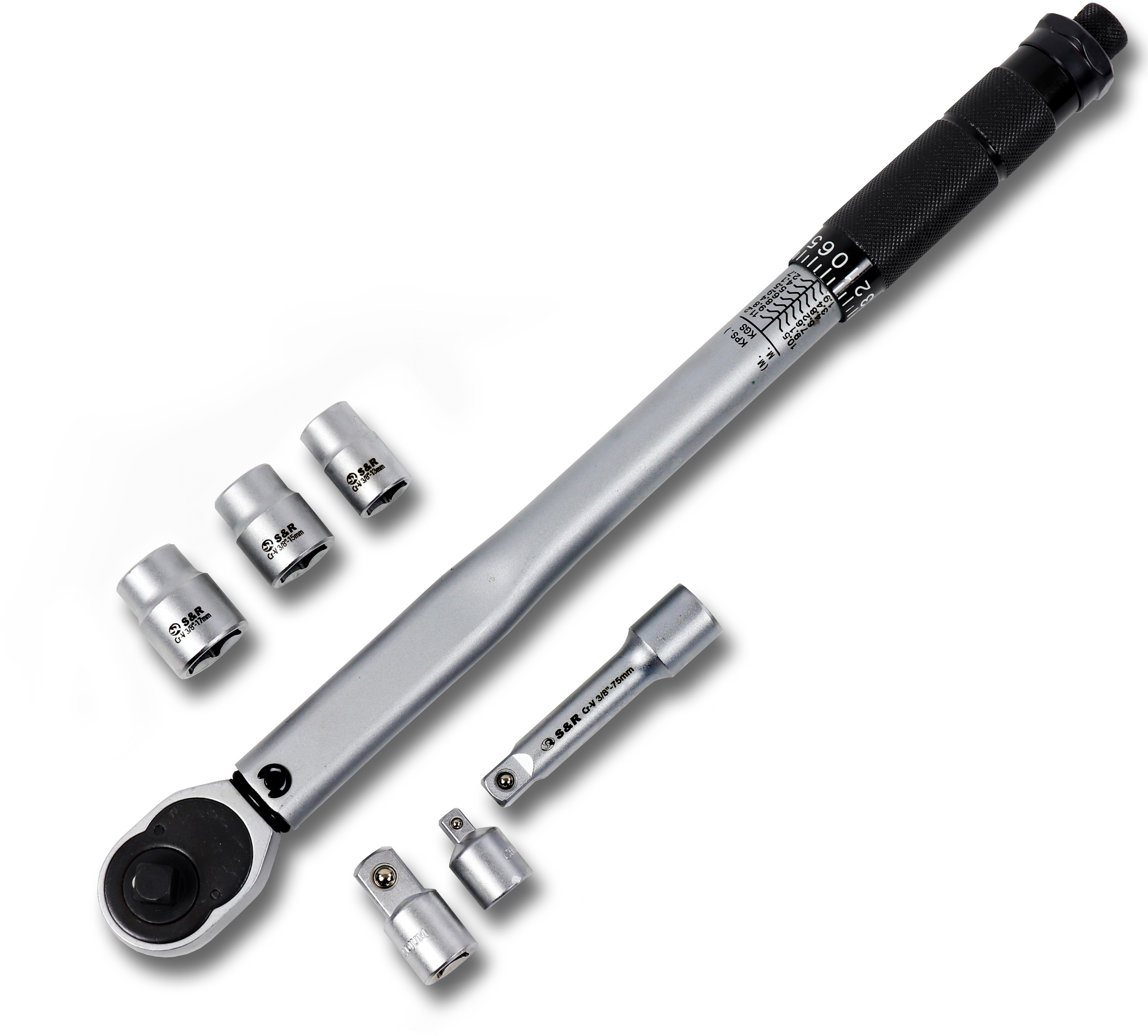 

Ключ динамометричний S&R 3/8" 19-110 Нм 375 мм + подовжувач 75 мм + головки 13, 15, 17 мм, 2 адаптери
