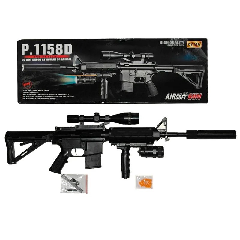 

Автомат детский CYMA P1158D на пульках с прицелом глушителем и фонариком