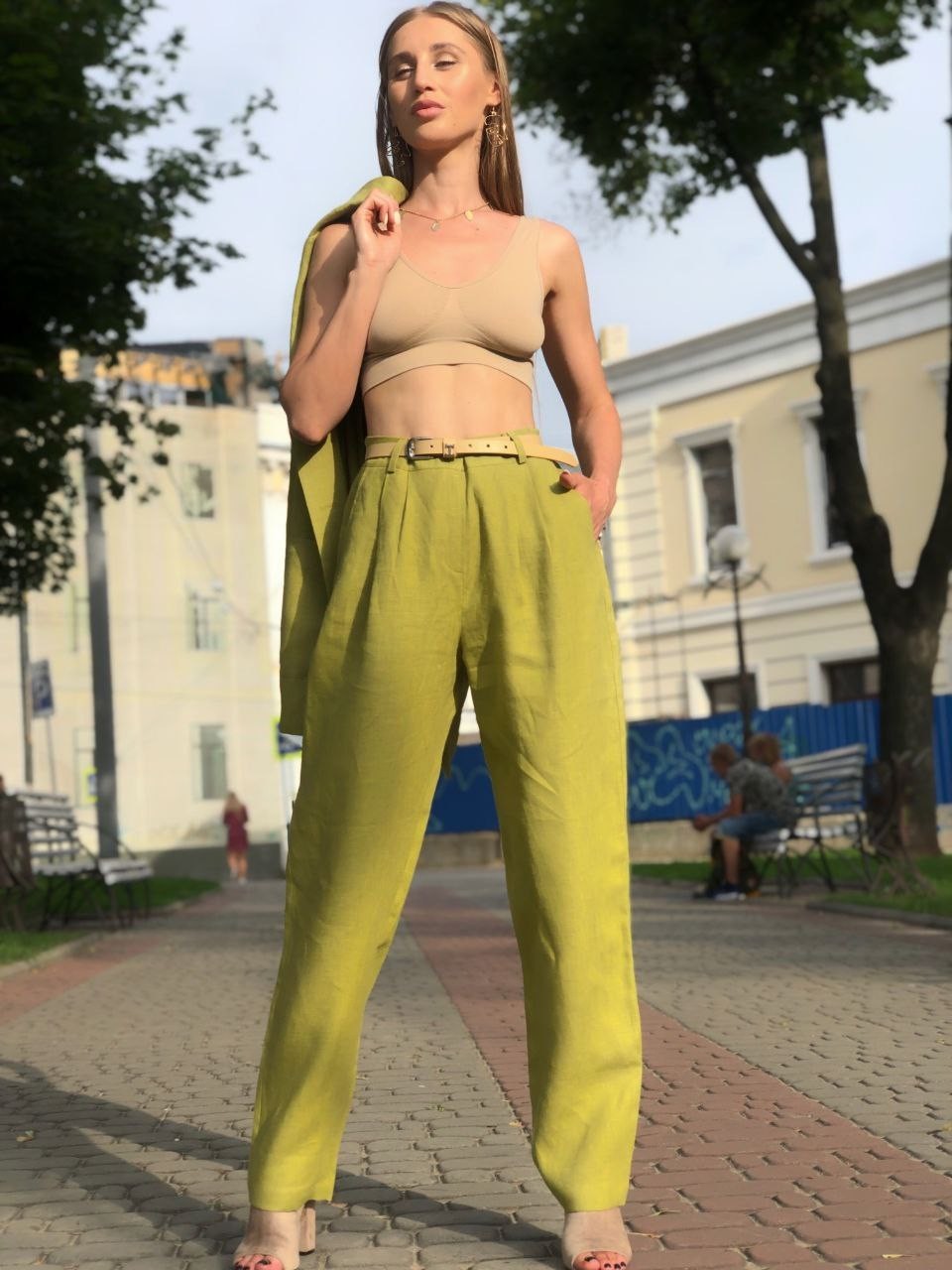 

Женские льняные брюки J&L CHOICE S горчица